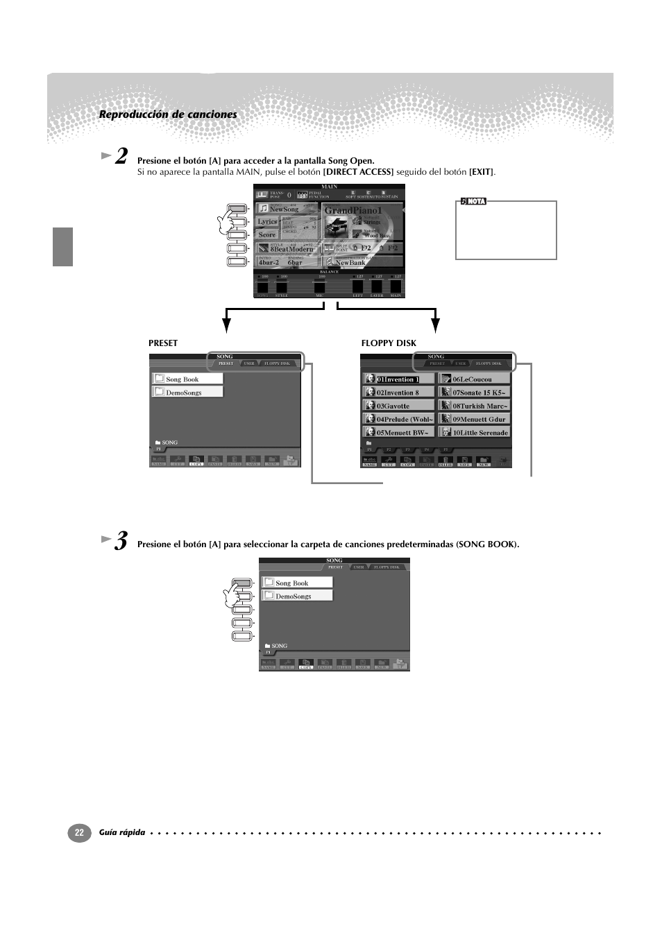 Reproducción de canciones | Yamaha CVP-209  ES User Manual | Page 22 / 176