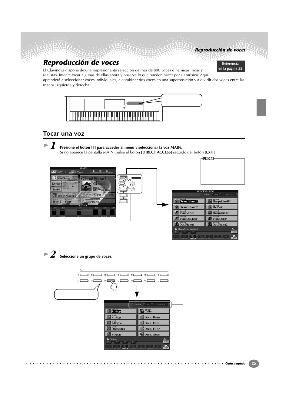 Reproducción de voces, Tocar una voz | Yamaha CVP-209  ES User Manual | Page 25 / 176