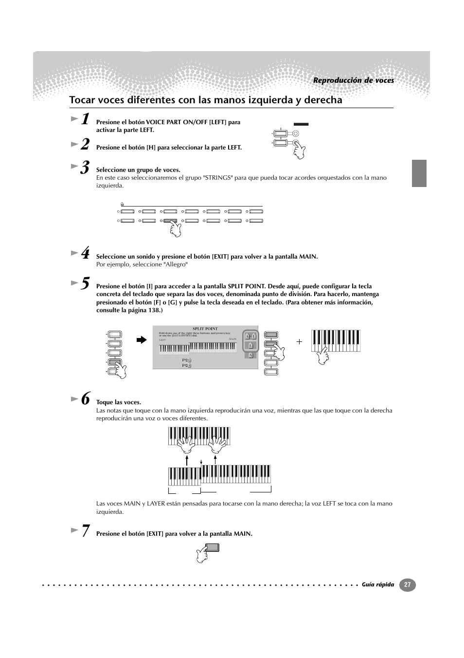 Tocar voces diferentes con las manos izquierda y, Derecha, Reproducción de voces | Yamaha CVP-209  ES User Manual | Page 27 / 176