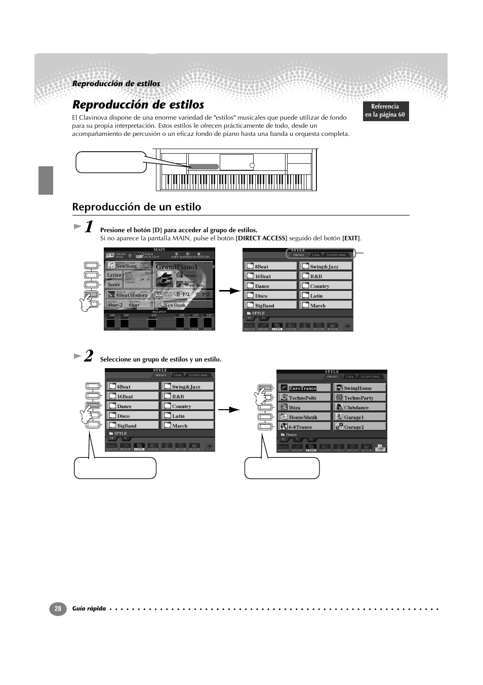 Reproducción de estilos, Reproducción de un estilo | Yamaha CVP-209  ES User Manual | Page 28 / 176