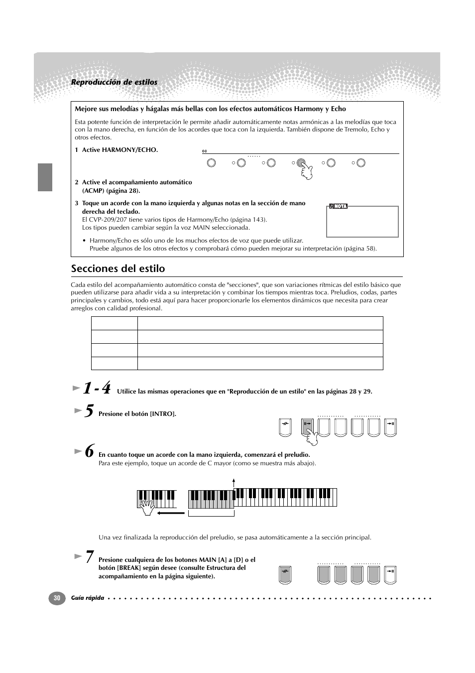 Secciones del estilo | Yamaha CVP-209  ES User Manual | Page 30 / 176