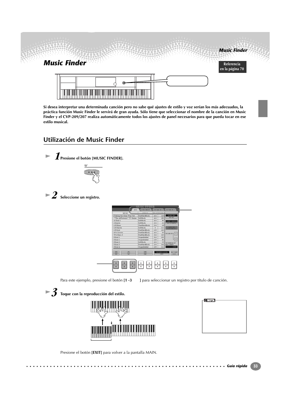 Music finder, Utilización de music finder | Yamaha CVP-209  ES User Manual | Page 33 / 176