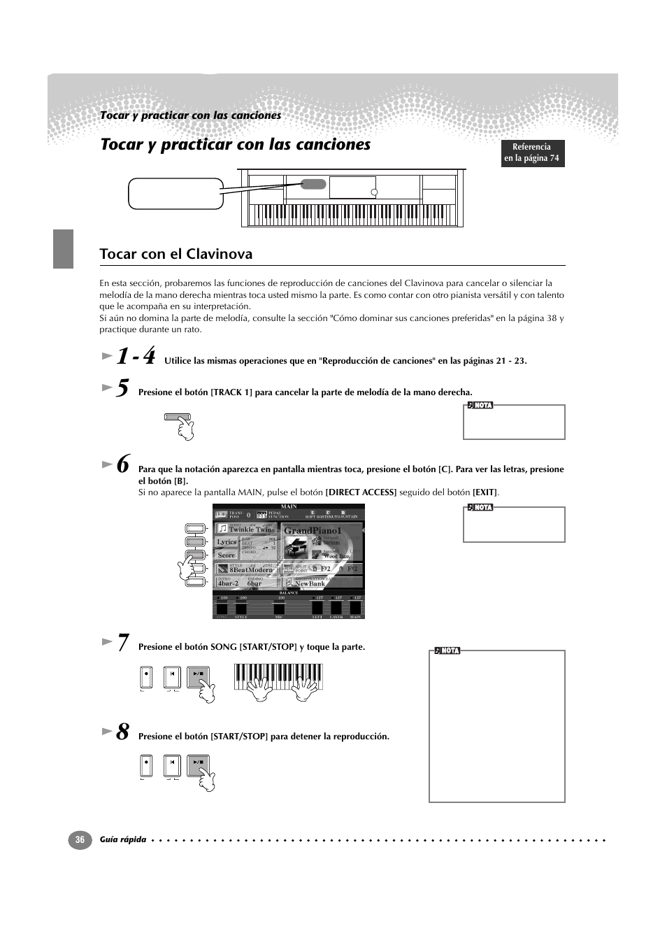 Tocar y practicar con las canciones, Tocar con el clavinova | Yamaha CVP-209  ES User Manual | Page 36 / 176