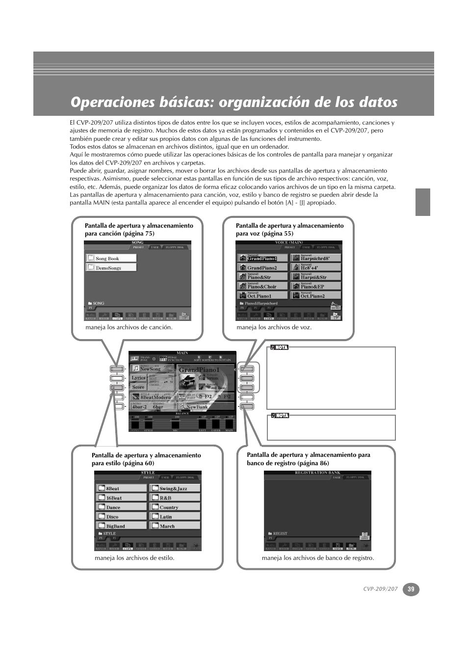 Operaciones básicas: organización de los datos, P. 39 | Yamaha CVP-209  ES User Manual | Page 39 / 176