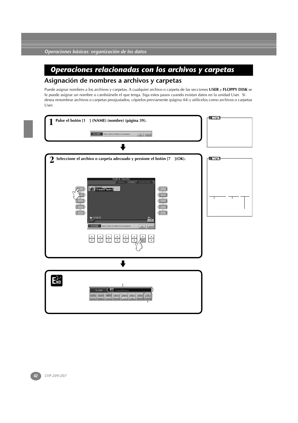 Asignación de nombres a archivos y carpetas, Operaciones relacionadas con los archivos, Y carpetas | Operaciones básicas: organización de los datos, Abcde.s002.mid | Yamaha CVP-209  ES User Manual | Page 42 / 176