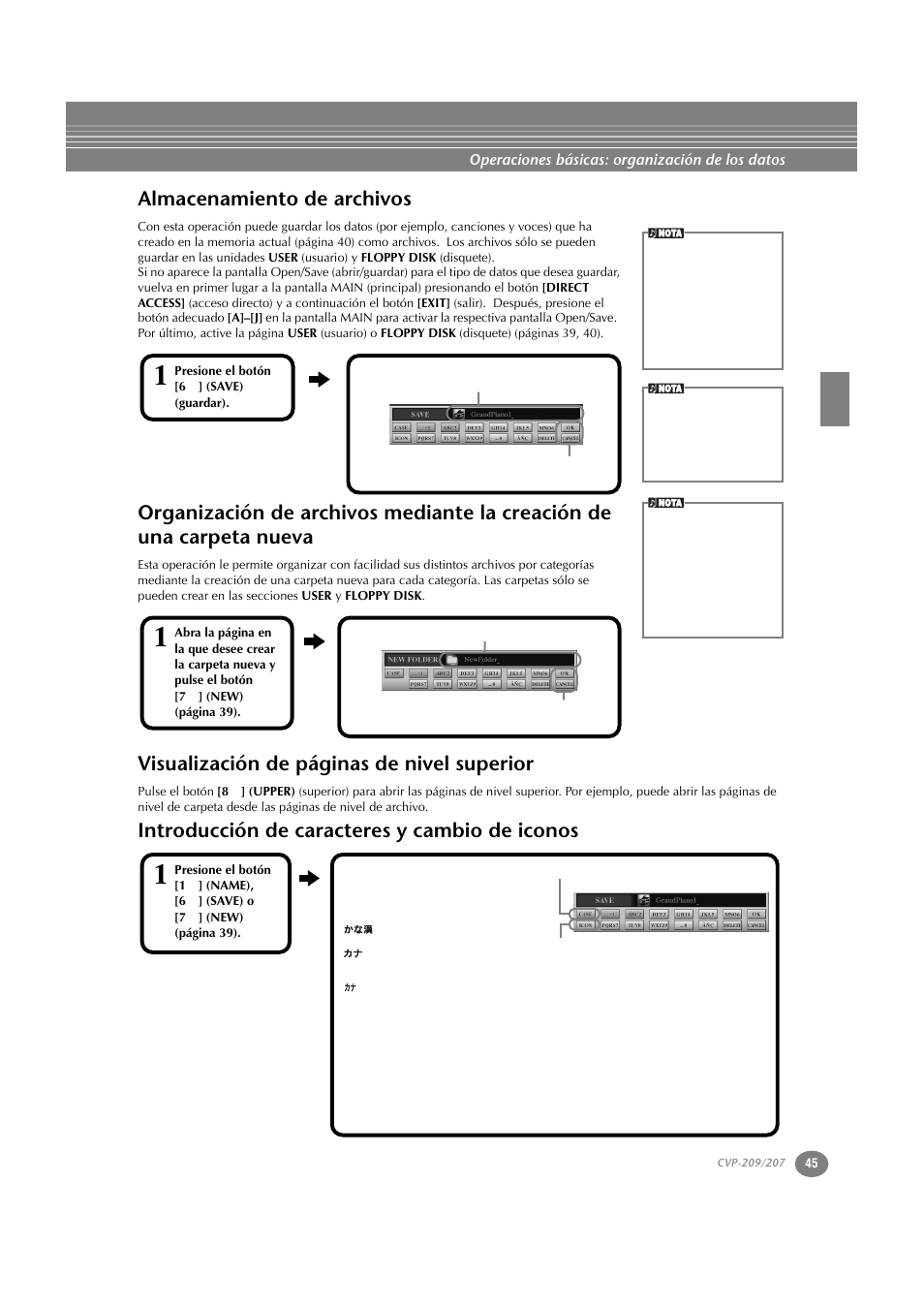 Almacenamiento de archivos, Introducción de caracteres y cambio de iconos, Peta nueva | Visualización de páginas de nivel superior | Yamaha CVP-209  ES User Manual | Page 45 / 176