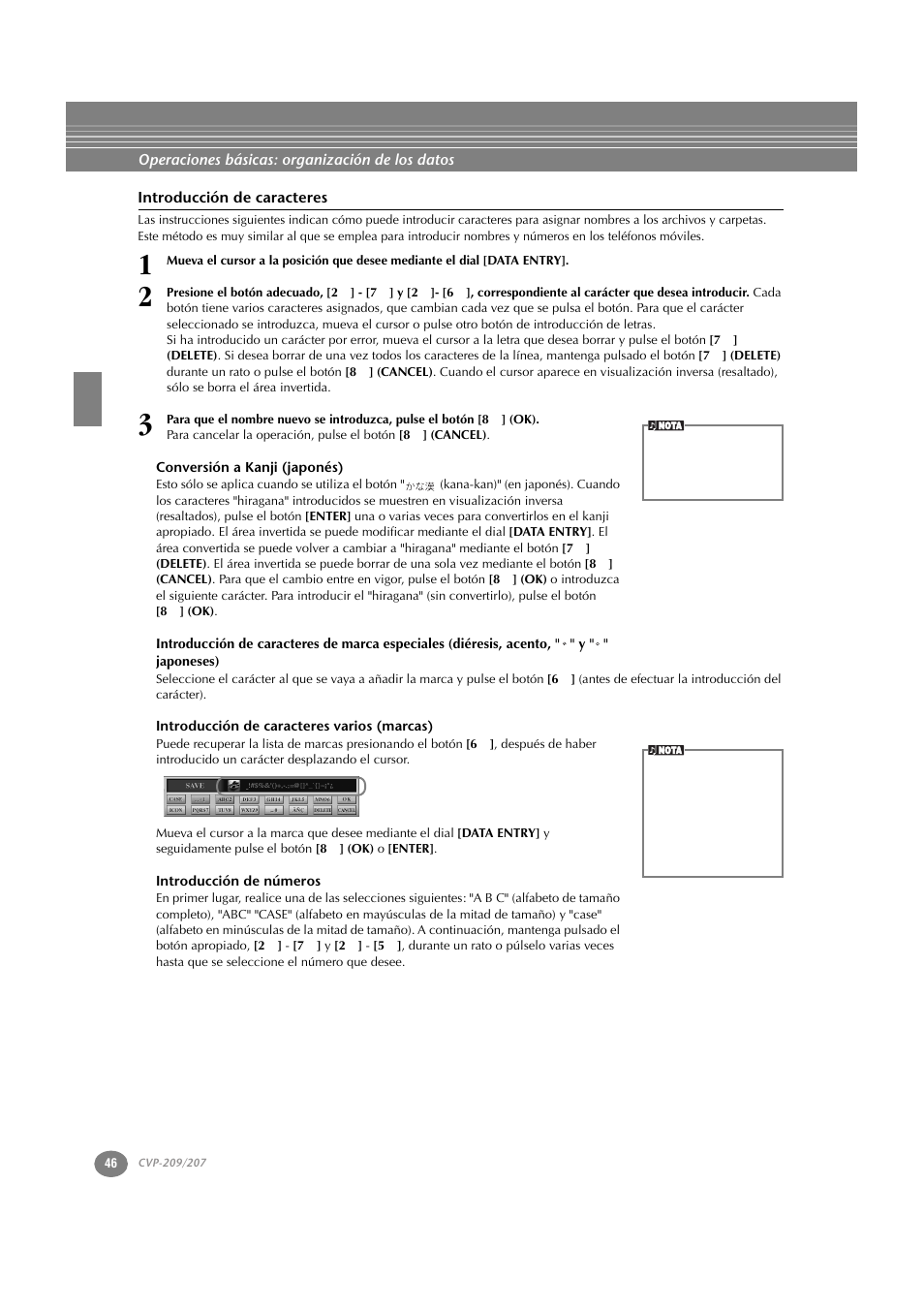 Introducción de caracteres, Conversión a kanji (japonés), Introducción de caracteres varios (marcas) | Introducción de números | Yamaha CVP-209  ES User Manual | Page 46 / 176