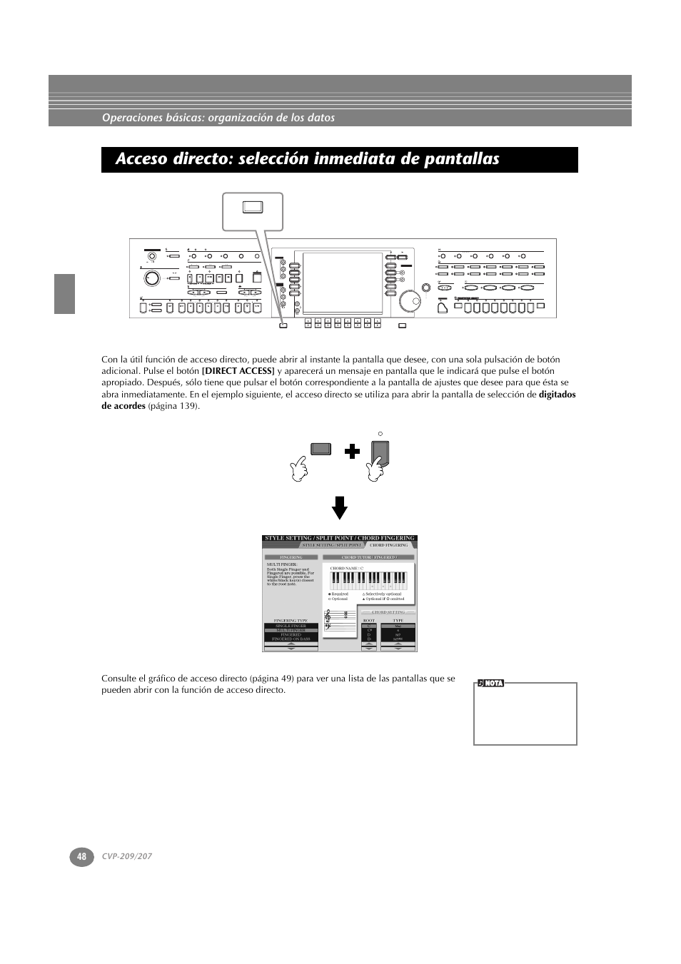 Acceso directo: selección inmediata de pantallas, Acceso directo: selección inmediata, De pantallas | P. 48, Operaciones básicas: organización de los datos, Min max, Part, Style l r, Reset, Nota | Yamaha CVP-209  ES User Manual | Page 48 / 176