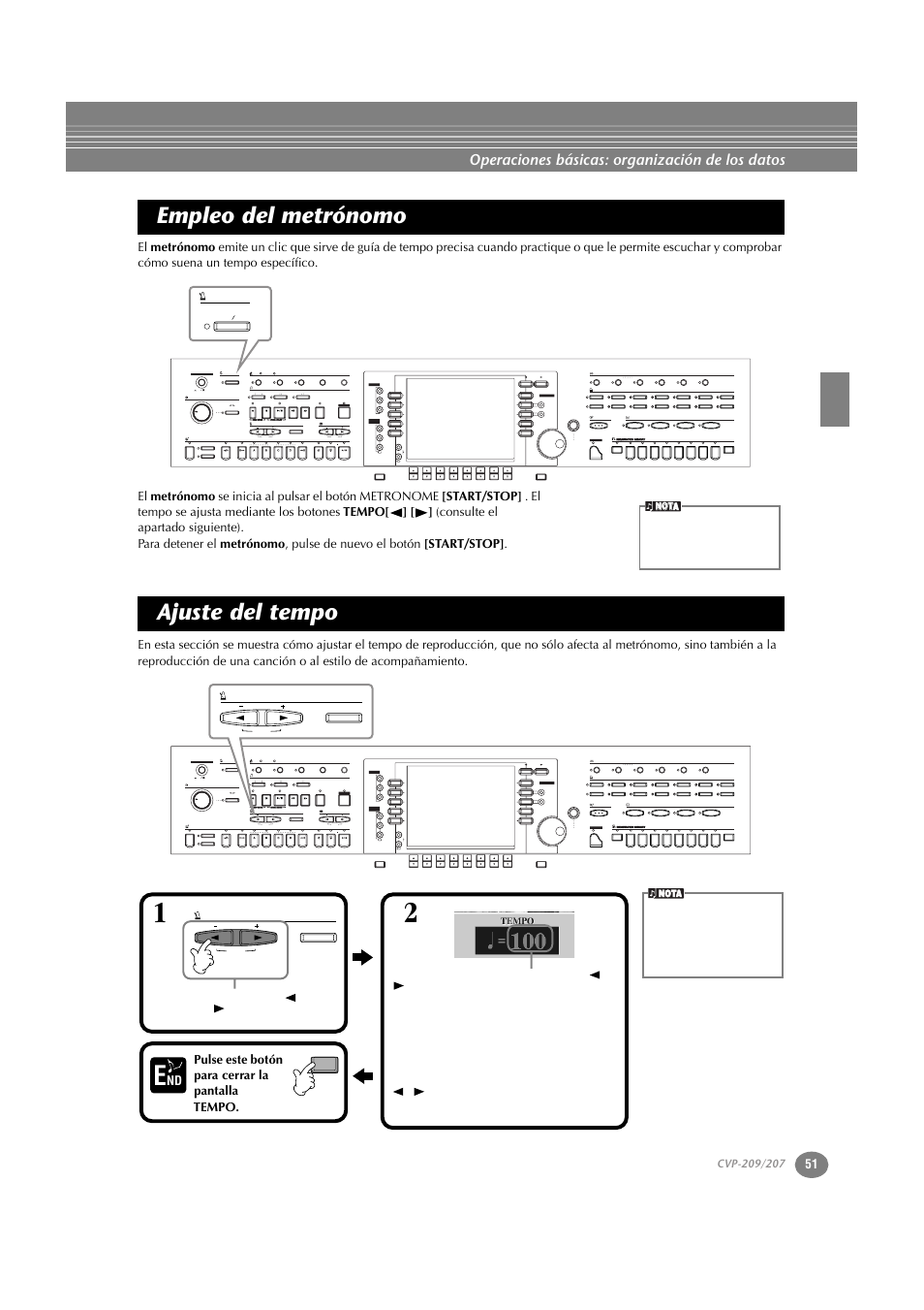 Empleo del metrónomo, Ajuste del tempo, Empleo del metrónomo ajuste del tempo | P. 51, Operaciones básicas: organización de los datos, Min max, Part, Style l r, Reset, Pulse este botón para cerrar la pantalla tempo | Yamaha CVP-209  ES User Manual | Page 51 / 176