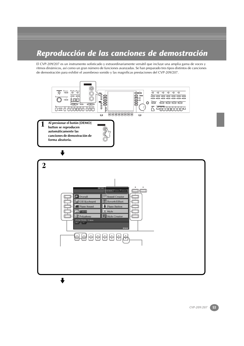 Reproducción de las canciones de demostración, P. 53, Acmp auto fill in ots link break intro main | On min max off ending ⁄ rit. tap tempo, Back next, Harmony ⁄ echo left hold mono, Reverb dsp variation | Yamaha CVP-209  ES User Manual | Page 53 / 176