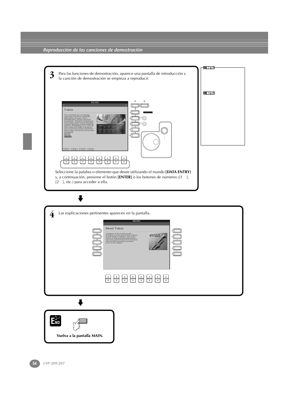Reproducción de las canciones de demostración, Nd vuelva a la pantalla main, Etc.) para acceder a ella | Yamaha CVP-209  ES User Manual | Page 54 / 176