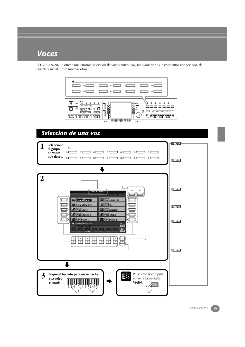 Voces, Selección de una voz, P. 55 | Yamaha CVP-209  ES User Manual | Page 55 / 176