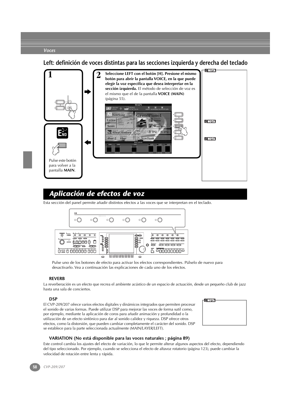 Aplicación de efectos de voz, Reverb, Izquierda y derecha del teclado | P. 58 | Yamaha CVP-209  ES User Manual | Page 58 / 176