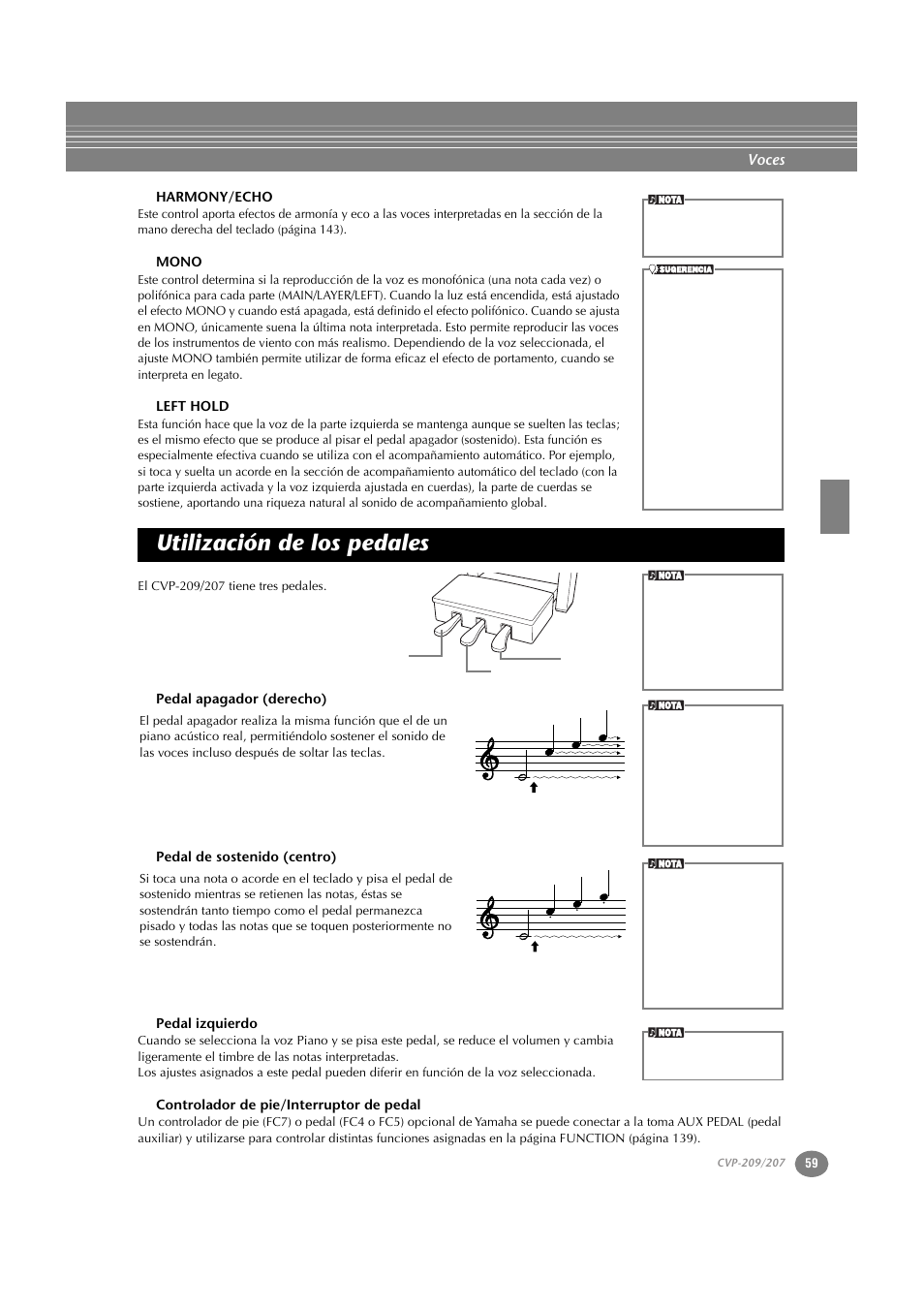 Harmony/echo, Mono, Left hold | Utilización de los pedales, Pedal apagador (derecho), Pedal de sostenido (centro), Pedal izquierdo, Controlador de pie/interruptor de pedal, P. 59, Voces | Yamaha CVP-209  ES User Manual | Page 59 / 176