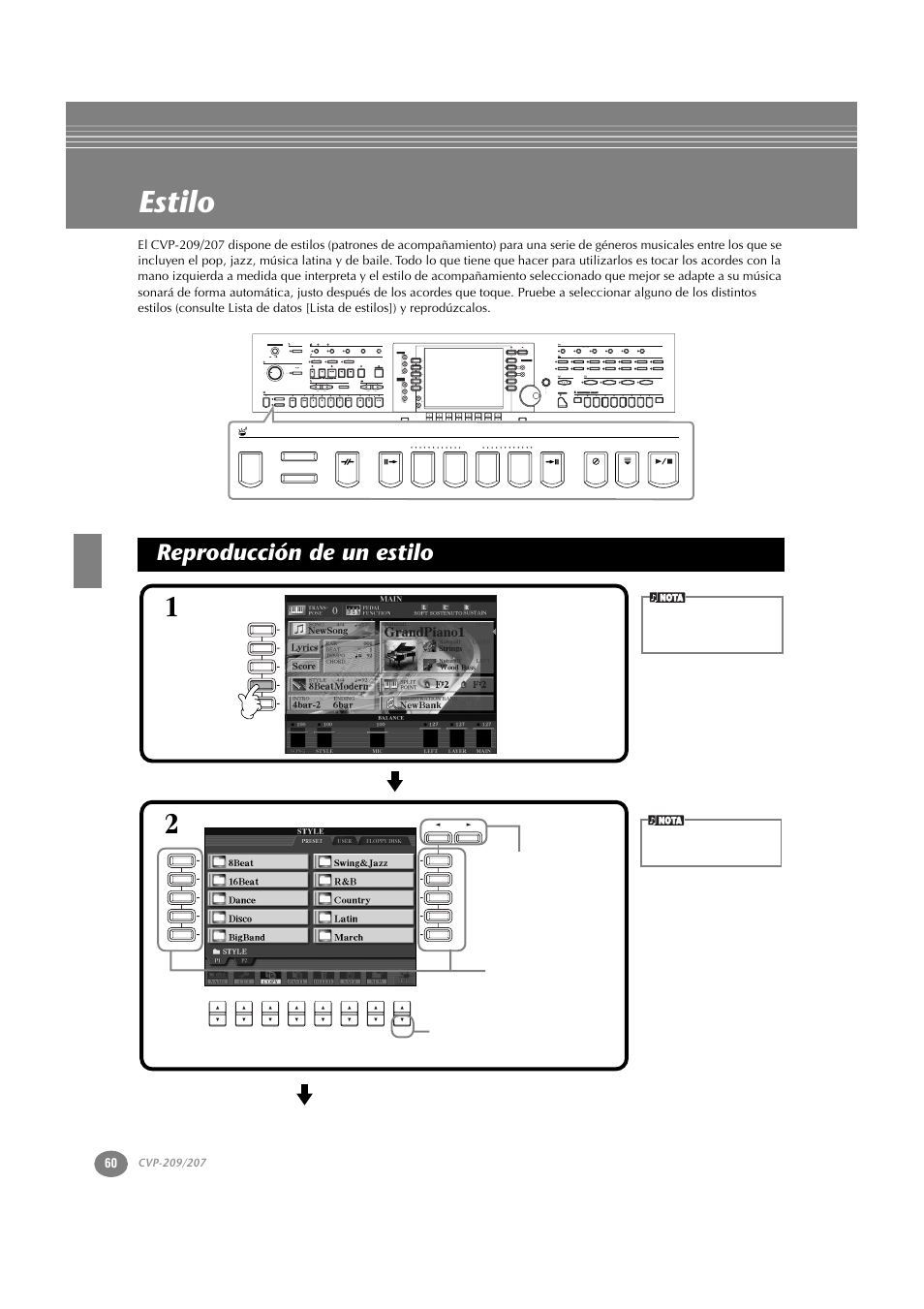 Estilo, Reproducción de un estilo | Yamaha CVP-209  ES User Manual | Page 60 / 176