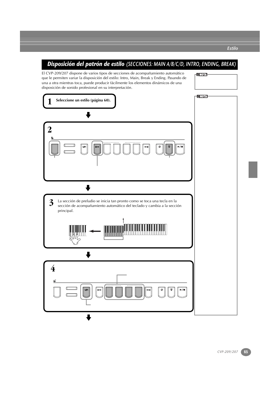 Disposición del patrón de estilo (secciones: main, A/b/c/d, intro, ending, break), P. 65 | Disposición del patrón de estilo, Secciones: main a/b/c/d, intro, ending, break), Estilo | Yamaha CVP-209  ES User Manual | Page 65 / 176