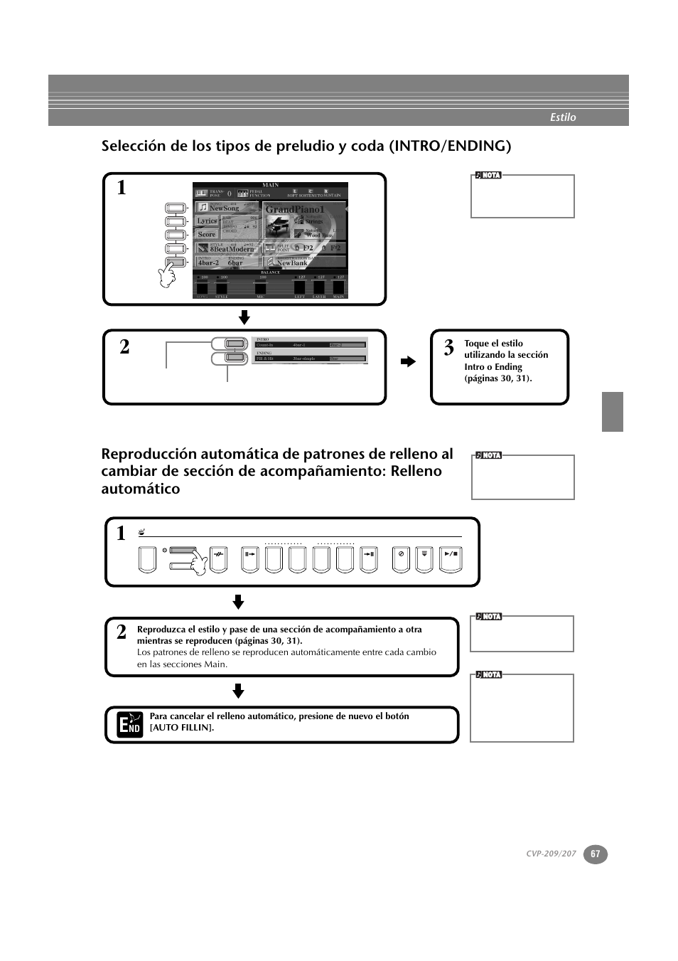 Selección de los tipos de preludio y coda, Intro/ending), Reproducción automática de patrones de relleno al | P. 67, Estilo | Yamaha CVP-209  ES User Manual | Page 67 / 176