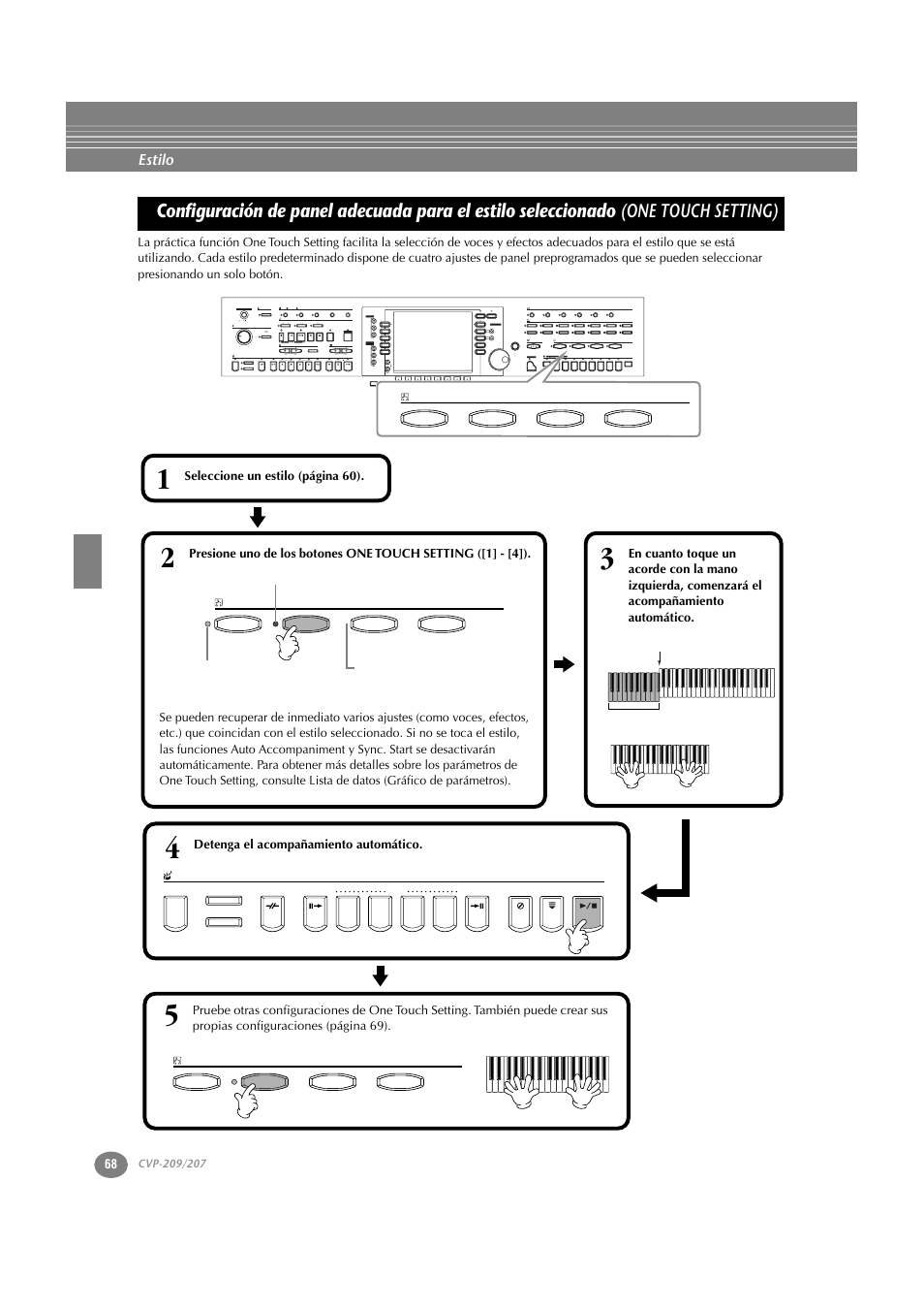 Configuración de panel adecuada para el estilo, Seleccionado (one touch setting), P. 68 | One touch setting) | Yamaha CVP-209  ES User Manual | Page 68 / 176