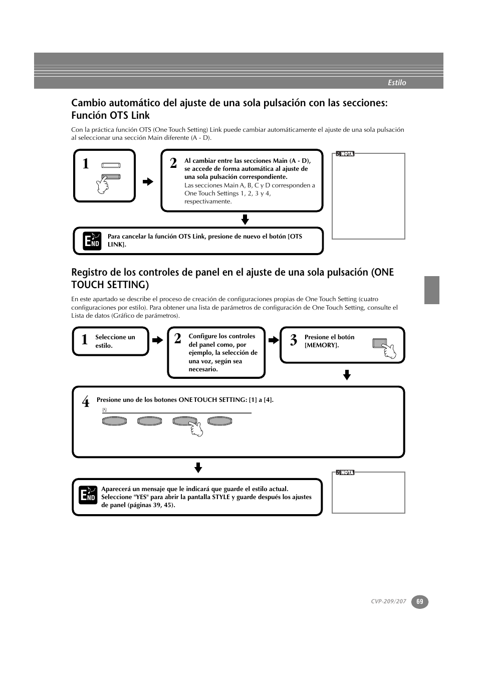 Cambio automático del ajuste de una sola pulsación, Con las secciones: función ots link, Sola pulsación (one touch setting) | P. 69 | Yamaha CVP-209  ES User Manual | Page 69 / 176