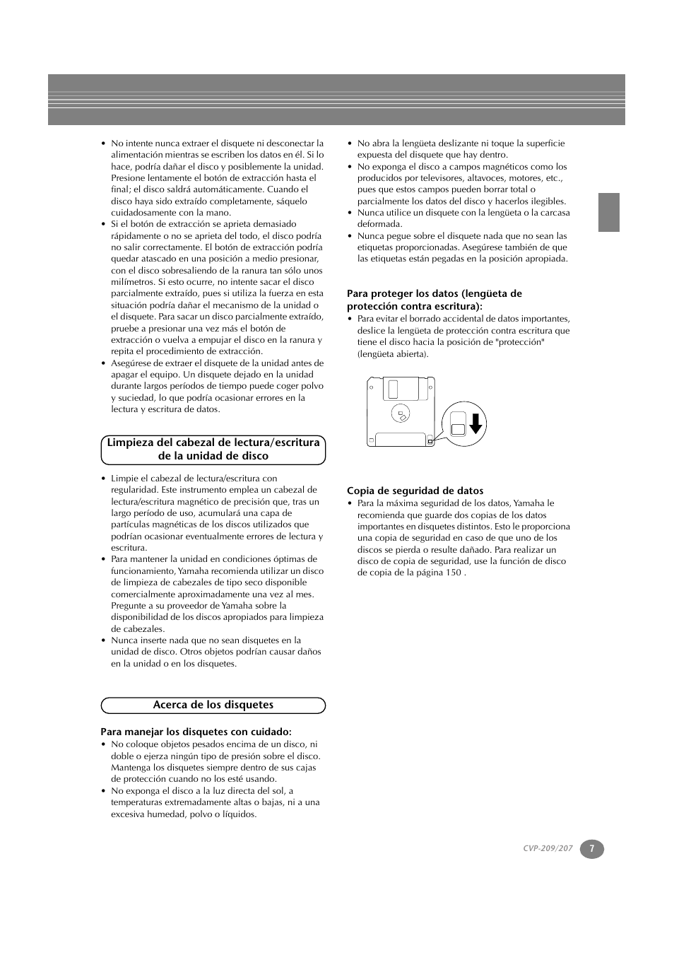 Acerca de los disquetes, Para manejar los disquetes con cuidado, Copia de seguridad de datos | Yamaha CVP-209  ES User Manual | Page 7 / 176
