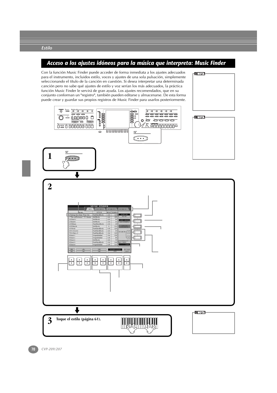 Acceso a los ajustes idóneos para la música que, Interpreta: music finder, Búsqueda de los ajustes más idóneos: music finder | Search, P. 70 | Yamaha CVP-209  ES User Manual | Page 70 / 176
