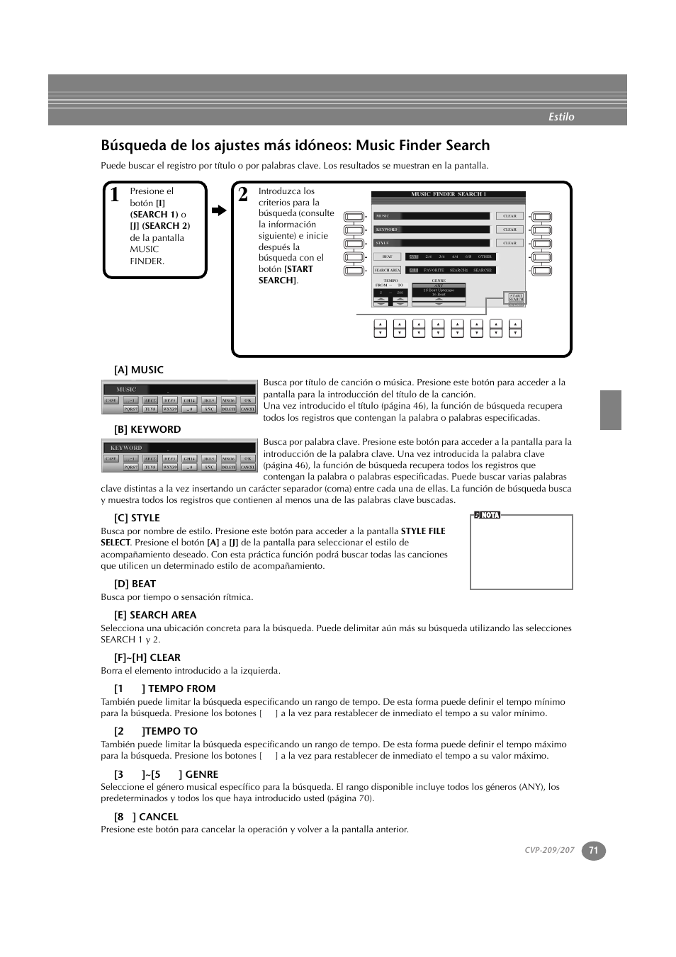 A] music, B] keyword, C] style | D] beat, E] search area, F]~[h] clear, 1st] tempo from, 2st]tempo to, 3st]~[5st] genre, 8t] cancel | Yamaha CVP-209  ES User Manual | Page 71 / 176