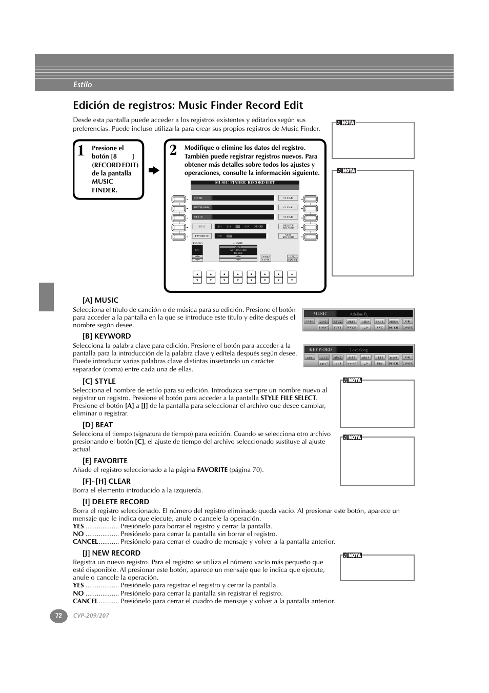 Edición de registros: music finder record edit, A] music, B] keyword | C] style, D] beat, E] favorite, F]~[h] clear, I] delete record, J] new record, Estilo | Yamaha CVP-209  ES User Manual | Page 72 / 176