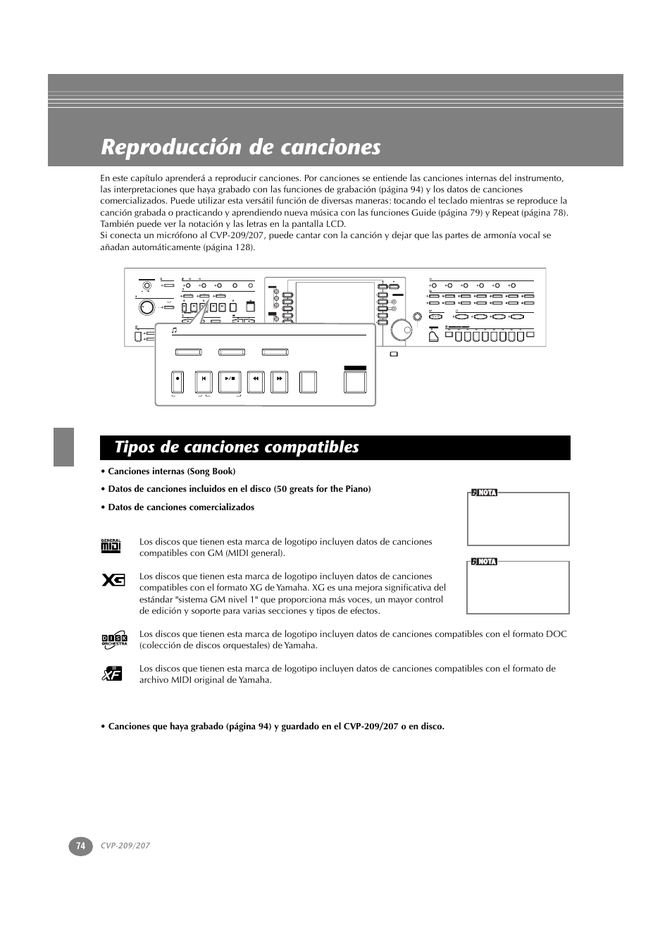 Reproducción de canciones, Tipos de canciones compatibles, Min max | Part, Style l r, Reset, Not nota | Yamaha CVP-209  ES User Manual | Page 74 / 176