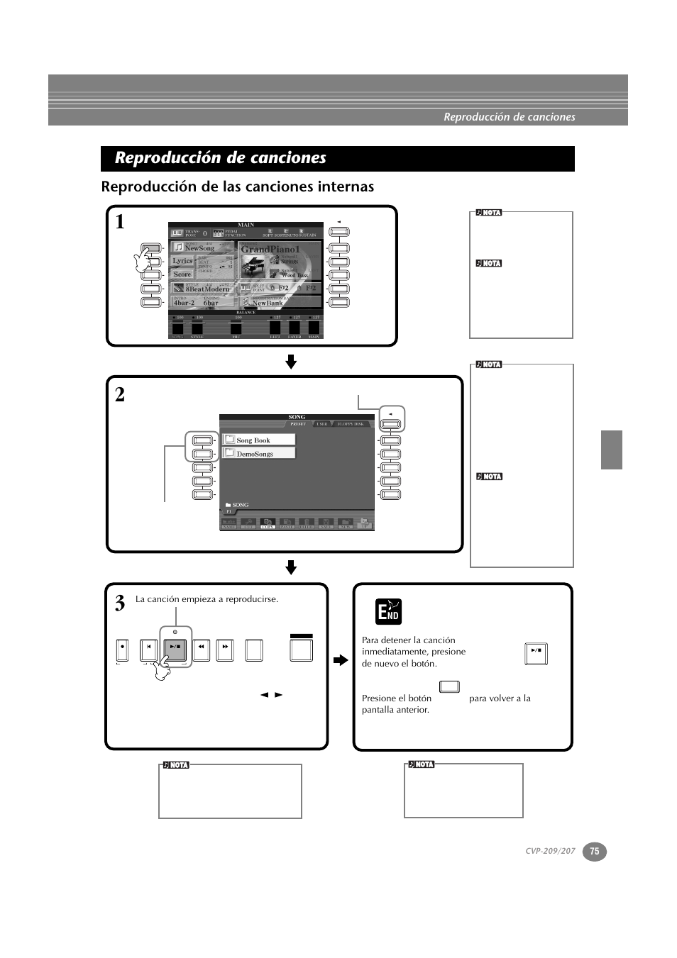 Reproducción de canciones, Reproducción de las canciones internas, P. 75 | Nd 2 | Yamaha CVP-209  ES User Manual | Page 75 / 176