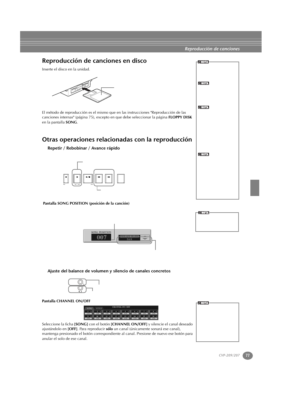 Reproducción de canciones en disco, Otras operaciones relacionadas con la reproducción, Repetir / rebobinar / avance rápido | P. 77, Reproducción de canciones | Yamaha CVP-209  ES User Manual | Page 77 / 176