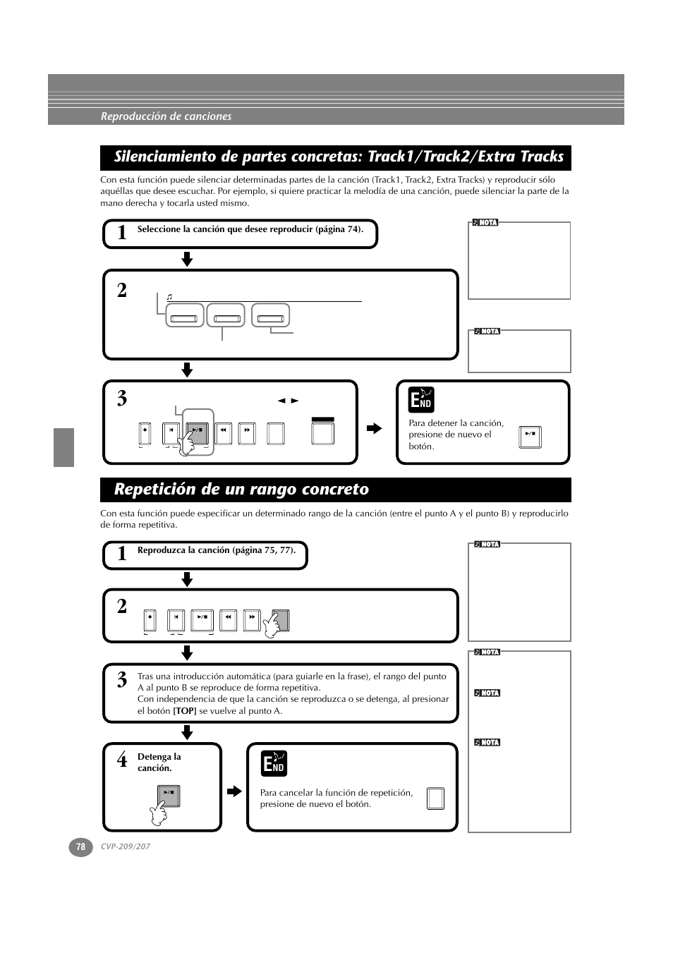 Repetición de un rango concreto, Silenciamiento de partes concretas: track1/track2, Extra tracks | P. 78, Reproducción de canciones | Yamaha CVP-209  ES User Manual | Page 78 / 176