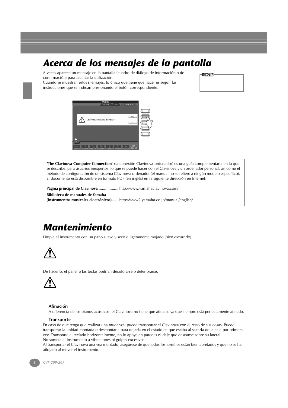 Acerca de los mensajes de la pantalla, Mantenimiento, Afinación | Transporte | Yamaha CVP-209  ES User Manual | Page 8 / 176