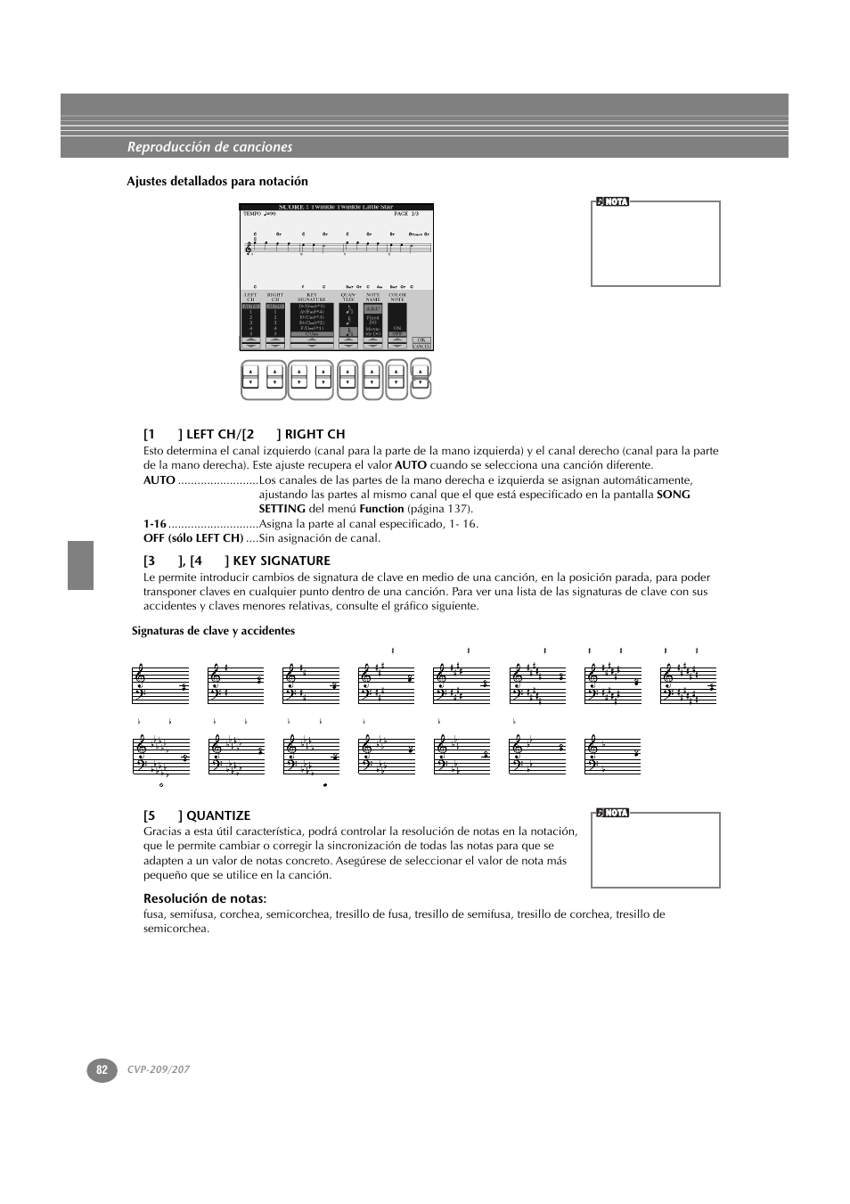 1st] left ch/[2st] right ch, 3st], [4st] key signature, 5st] quantize | Resolución de notas, Reproducción de canciones, 3 ▲▼ ], [4 ▲▼ ] key signature, 5 ▲▼ ] quantize, Signaturas de clave y accidentes | Yamaha CVP-209  ES User Manual | Page 82 / 176