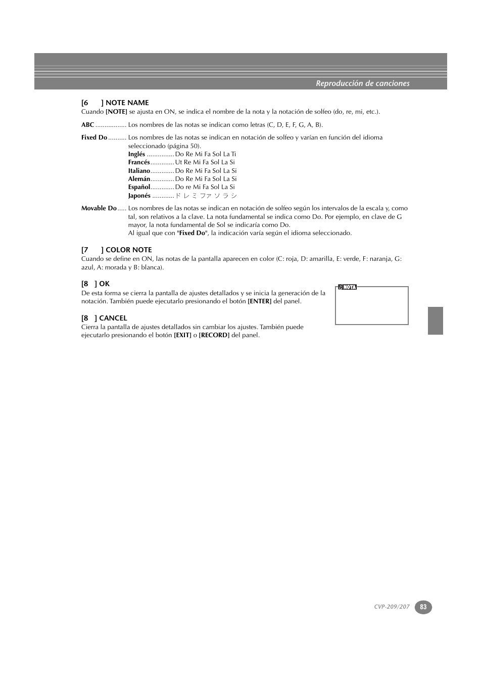 6st] note name, 7st] color note, 8s] ok | 8t] cancel | Yamaha CVP-209  ES User Manual | Page 83 / 176