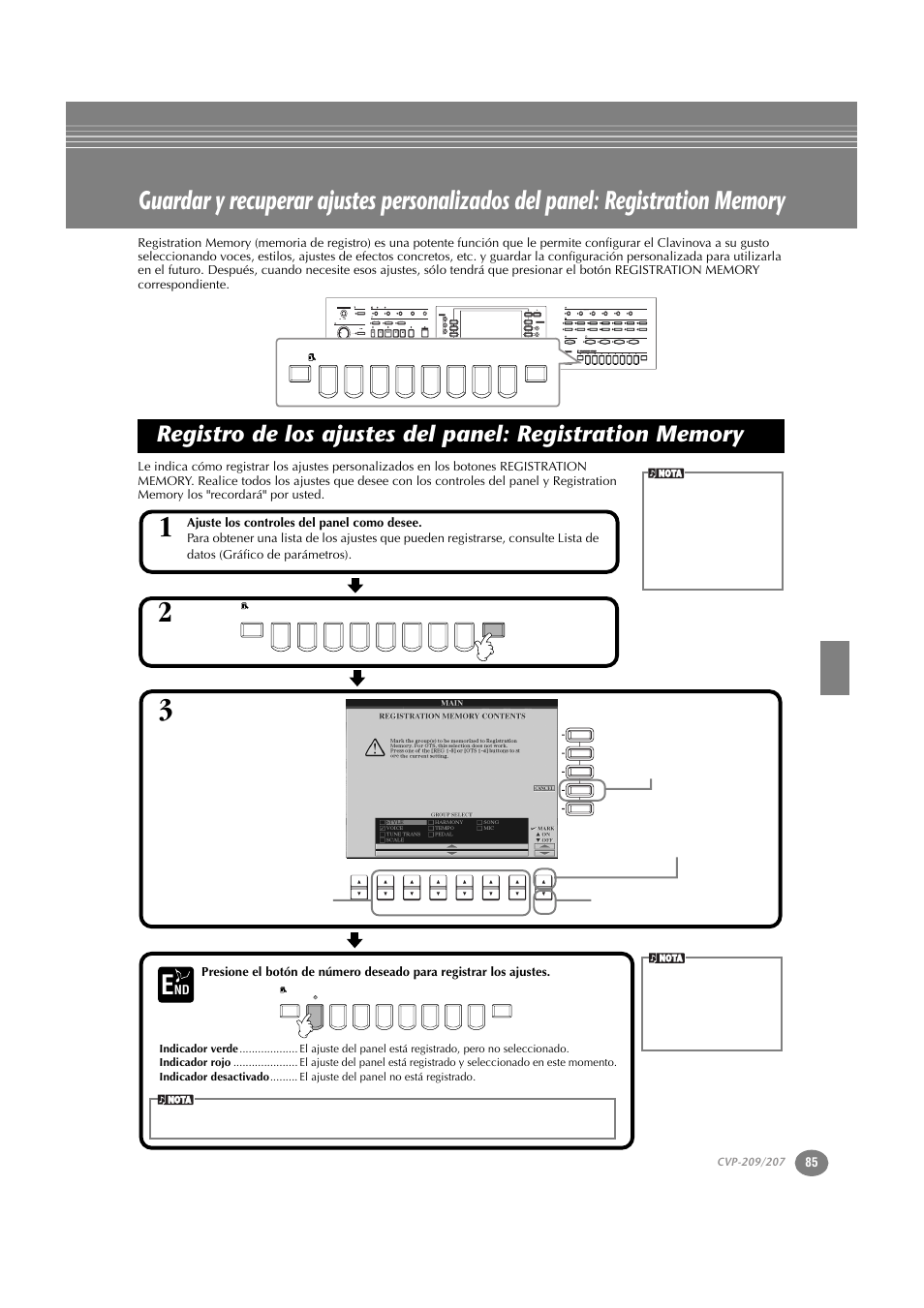 Registro de los ajustes del panel: registration, Memory, P. 85 | Yamaha CVP-209  ES User Manual | Page 85 / 176