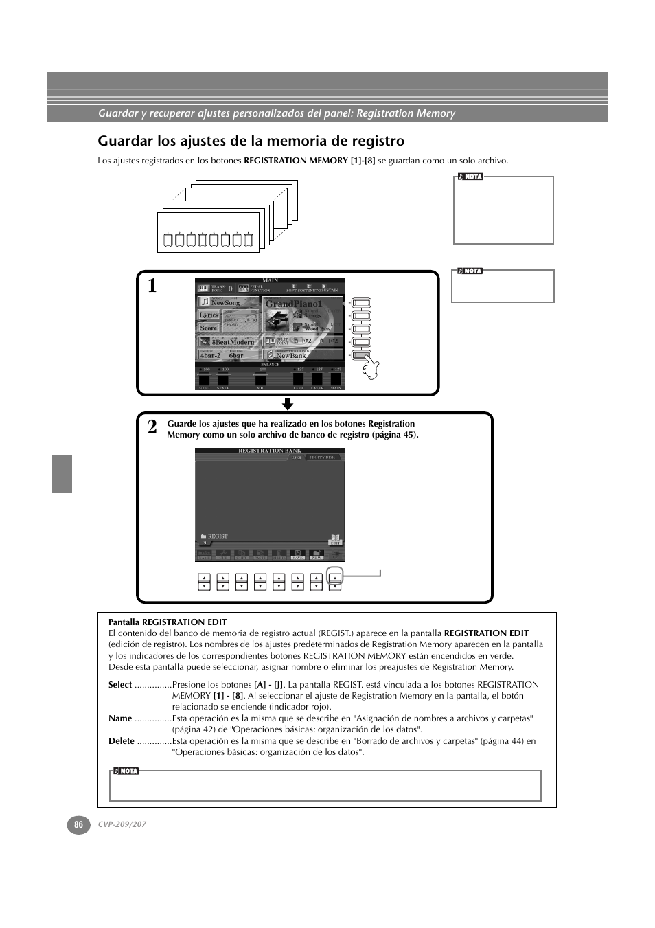 Guardar los ajustes de la memoria de registro | Yamaha CVP-209  ES User Manual | Page 86 / 176