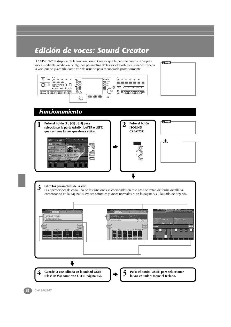 Edición de voces: sound creator, Funcionamiento, P. 88 | Yamaha CVP-209  ES User Manual | Page 88 / 176