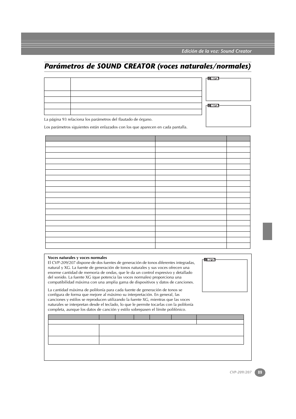 Parámetros de sound creator, Voces naturales/normales), Edición de la voz: sound creator | Yamaha CVP-209  ES User Manual | Page 89 / 176