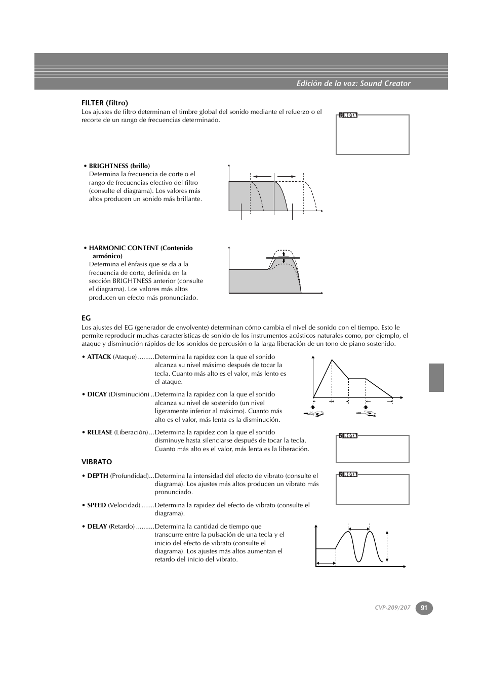 Filter (filtro), Vibrato, Edición de la voz: sound creator | Yamaha CVP-209  ES User Manual | Page 91 / 176