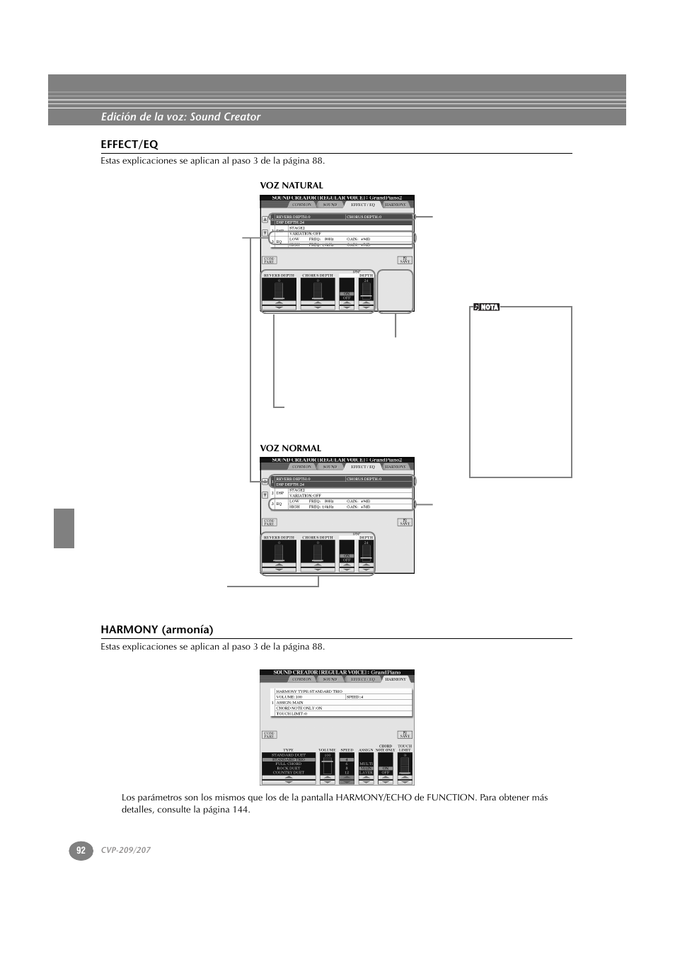 Effect/eq, Harmony (armonía), Edición de la voz: sound creator | Yamaha CVP-209  ES User Manual | Page 92 / 176