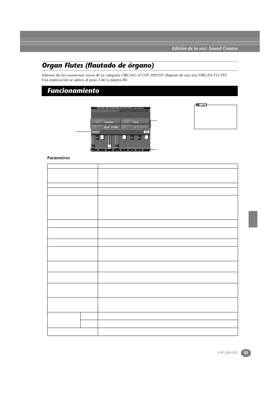 Organ flutes (flautado de órgano), Funcionamiento, Parámetros | Edición de la voz: sound creator | Yamaha CVP-209  ES User Manual | Page 93 / 176