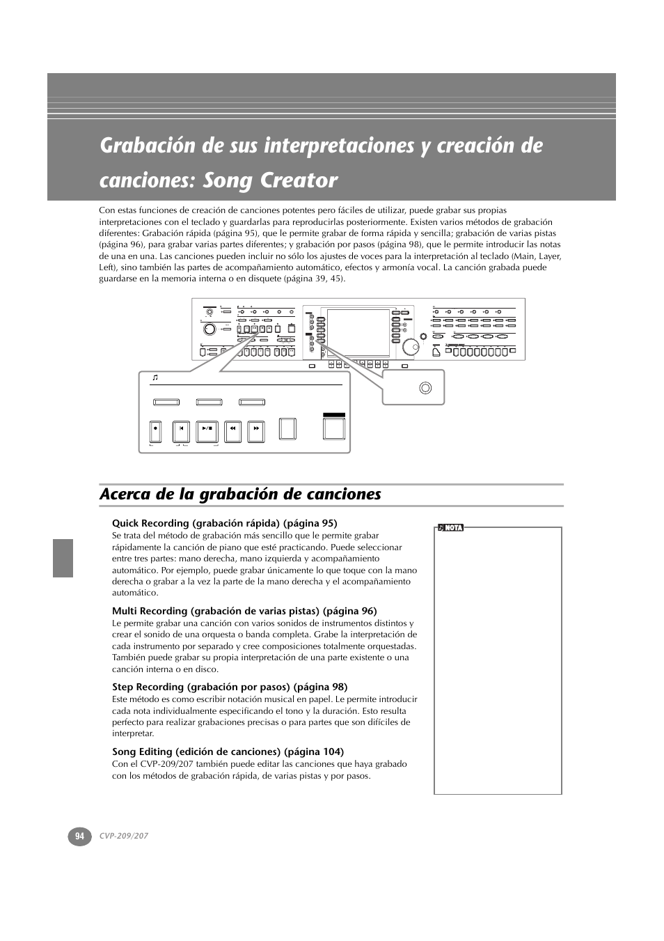 Acerca de la grabación de canciones, P. 94 | Yamaha CVP-209  ES User Manual | Page 94 / 176