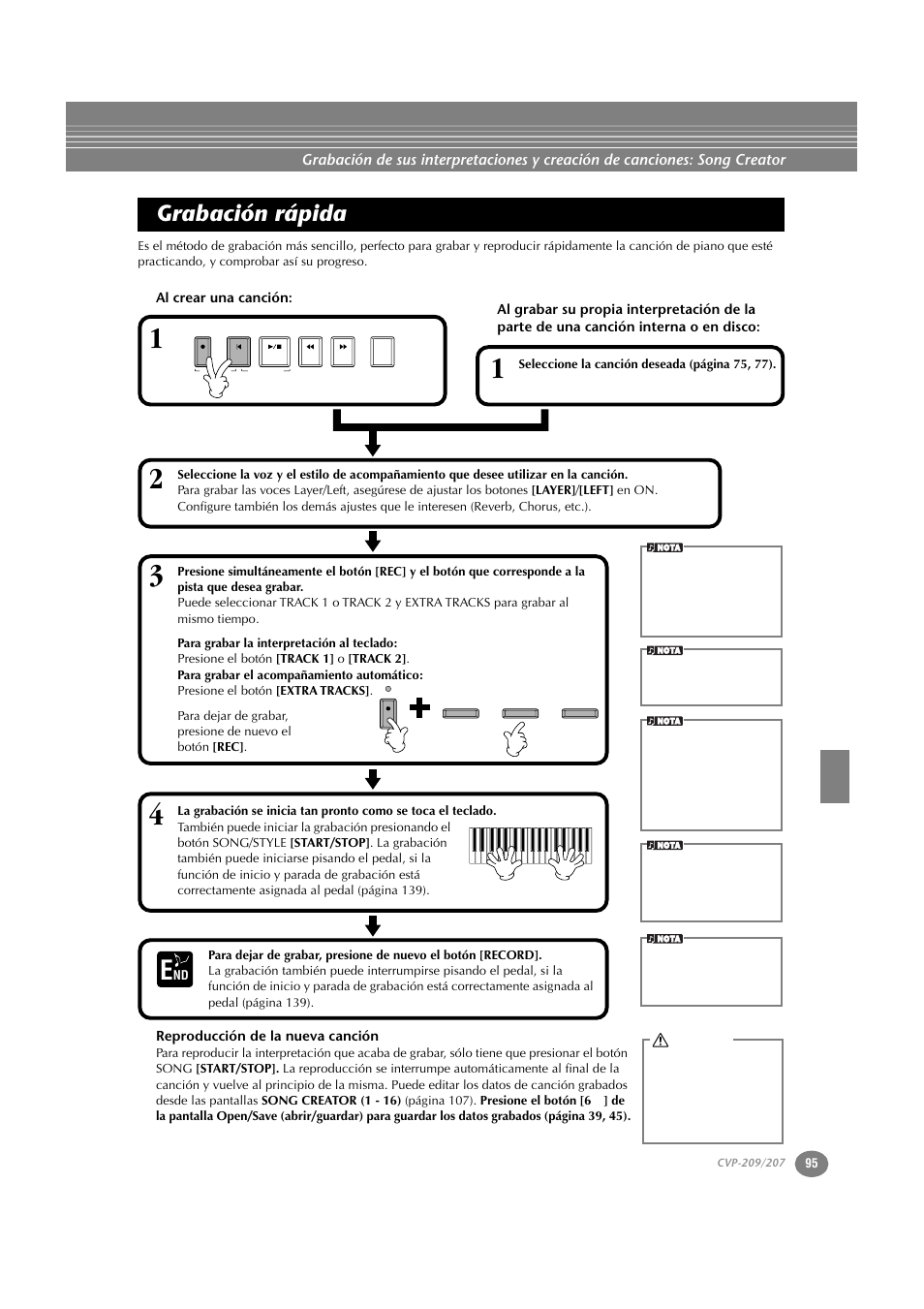 Grabación rápida, Al crear una canción, Reproducción de la nueva canción | Yamaha CVP-209  ES User Manual | Page 95 / 176