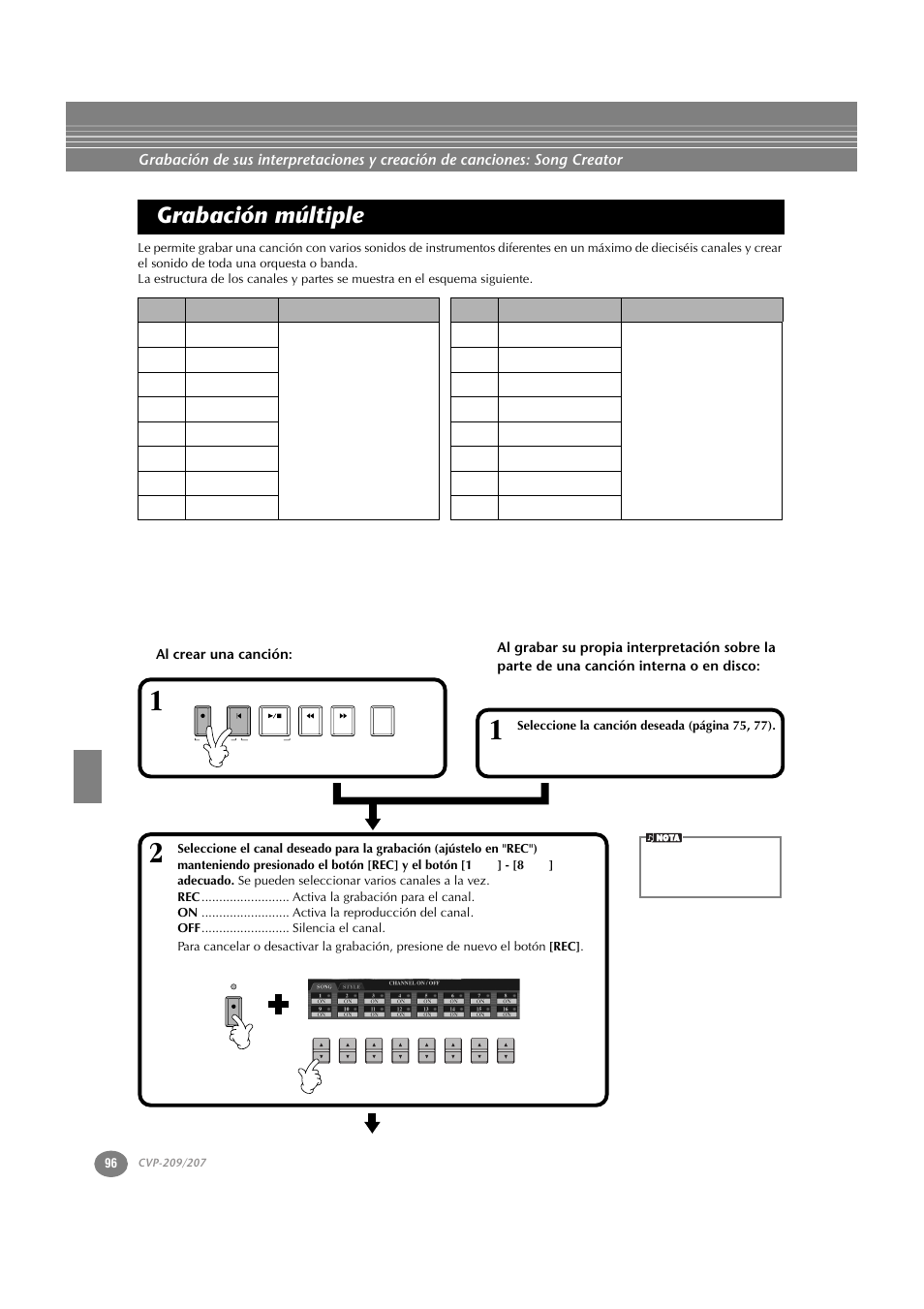 Grabación múltiple, Al crear una canción | Yamaha CVP-209  ES User Manual | Page 96 / 176
