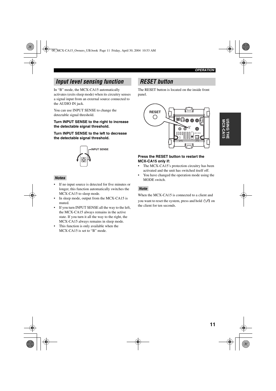 Input level sensing function, Reset button | Yamaha MCX-CA15 User Manual | Page 15 / 20