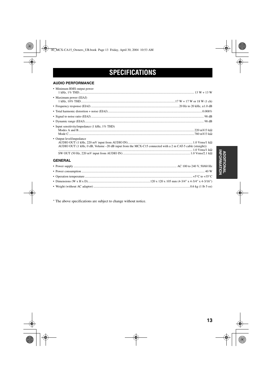 Specifications | Yamaha MCX-CA15 User Manual | Page 17 / 20