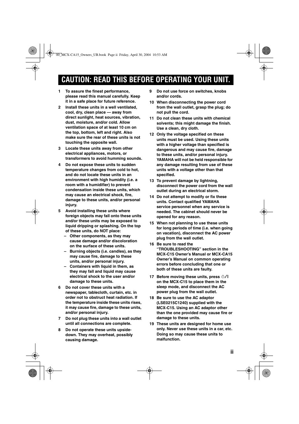 Caution: read this before operating your unit | Yamaha MCX-CA15 User Manual | Page 3 / 20