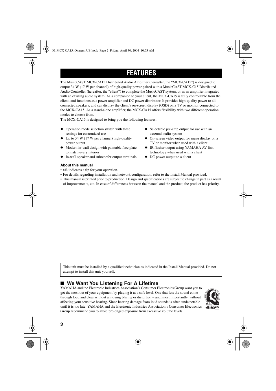 Features, We want you listening for a lifetime | Yamaha MCX-CA15 User Manual | Page 6 / 20