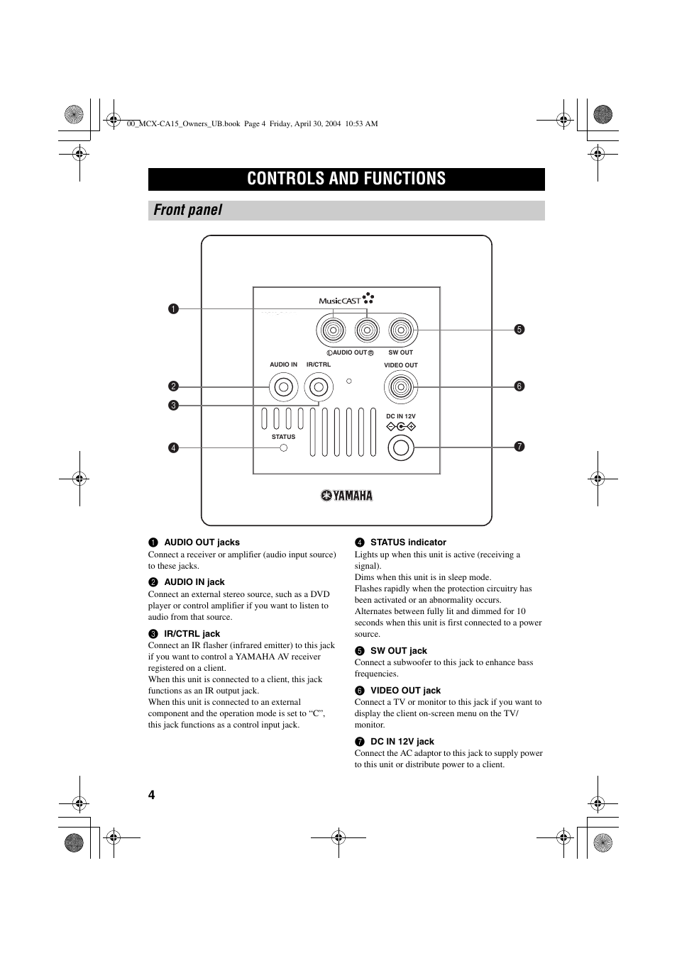 Controls and functions, Front panel | Yamaha MCX-CA15 User Manual | Page 8 / 20