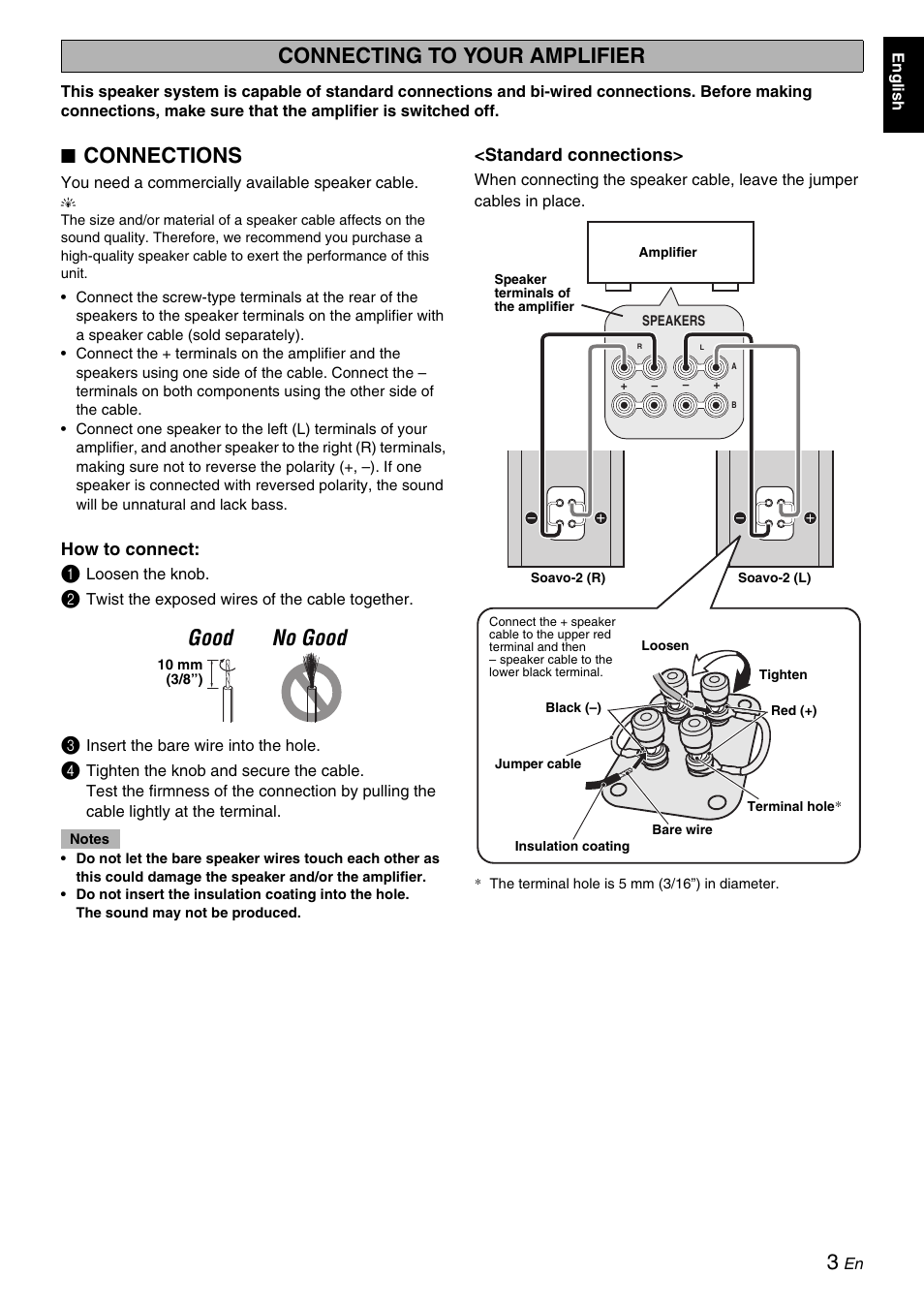 Connecting to your amplifier, Connections, Good no good | Yamaha Soavo-2 User Manual | Page 3 / 6